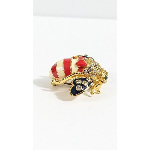 Joan Rivers Patriotic God Bless America Bee Pin Brooch Red White Blue USA Bow - Picture 6 of 11